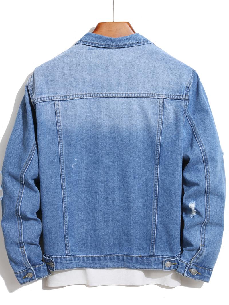 Stylish Streetwear Men Ripped Distressed Slim Denim Jacket Male Casual Jean Jacket Coat Menswear Tops Long Sleeve