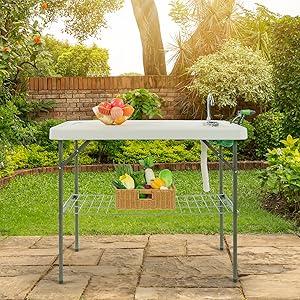 VINGLI Outdoor Folding Fish and Game Cleaning Table w/Sink| Portable & Durable, Standard Garden Connection, Upgraded Drainage Hose, Stainless Steel