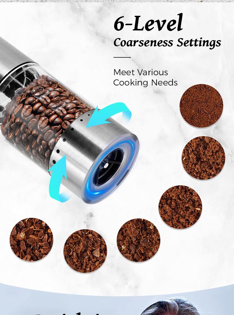 Pukomc Electric Salt & Pepper Grinder Set - 6 Adjustable Coarseness, Rechargeable Base, LED Light, One-Hand Operation, Detachable for Easy Cleaning, Includes 12 Grinders & Accessories Reusable Cooking Kitchen Seasoning Utensils