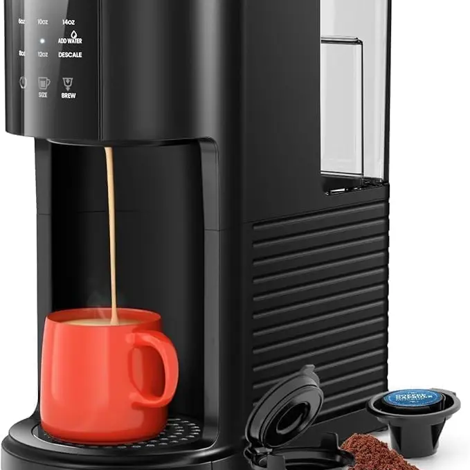 Xbeauty Compact Espresso Coffee Machine - Pod & Ground Compatible Grind and Brew Maker, Touchscreen, 5 Brew Sizes, 14 Oz Max, 40 Oz Removable Water Tank, Black Summerwins Coffee Equipment for Home Use