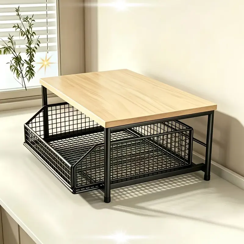 Countertop Coffee Bar Station with Pull-Out Metal Drawer, Solid Wood & Metal Kitchen Storage Shelf for Coffee Maker, Microwave, and Tableware - Modern Black/White Standing Organizer