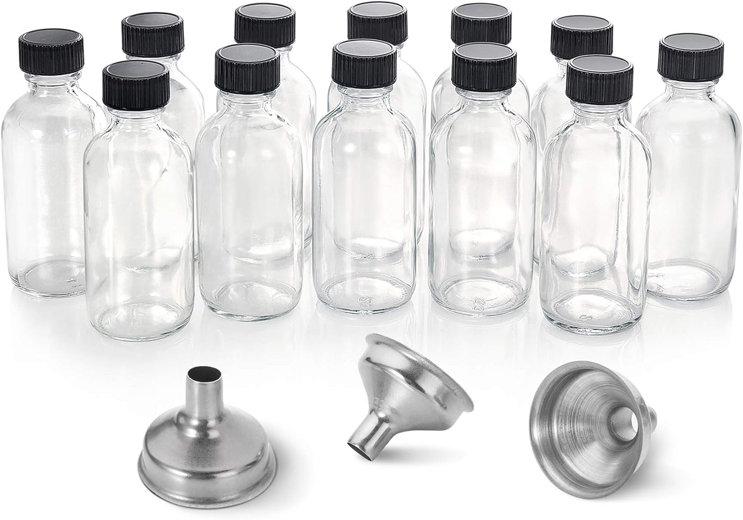 12 Pack, 2 oz Small Clear Glass Bottles with Lids & 3 Stainless Steel Funnels - 60ml Boston Sample Mini Travel Essential Bottles for Potion, Juice, Wellness, Ginger Shots, Beverage Dec