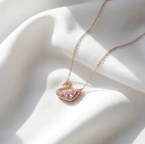 Rose Gold Crystal Swan Necklace - Elegant Romantic Jewelry for Women with Pink Teardrop Gemstone & Sparkling Clear Crystals Clavicle-Length Chain Perfect Gift