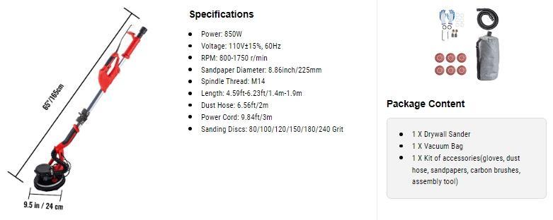 VEVOR Drywall Sander 850W, Variable Speed 800-1750 RPM, Foldable Sheetrock Sander with Telescope Handle, LED Strip Light, Vacuum Bag & Gloves Heavy Duty Power Tools