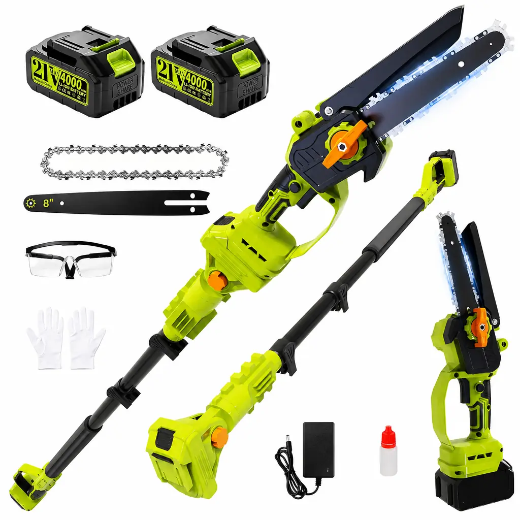 8" Battery Powered Chainsaw Full Kit, 2-in-1 Brushless Cordless Pole Saw & Handheld Chainsaw, Telescopic Extension Pole Tree Trimmer, 2×4.0Ah Batteries, Auto Oiling, Lightweight Manual Branch Cutter for Yardwork, Plastic Goggles Included