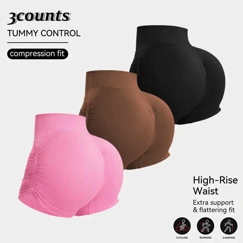Hijesse Women's High Waisted Scrunch Butt Lifting Shorts - Tummy Control Ribbed Workout Shorts for Gym, Cycling, Casual Wear - Available in Pink, Gray & Black