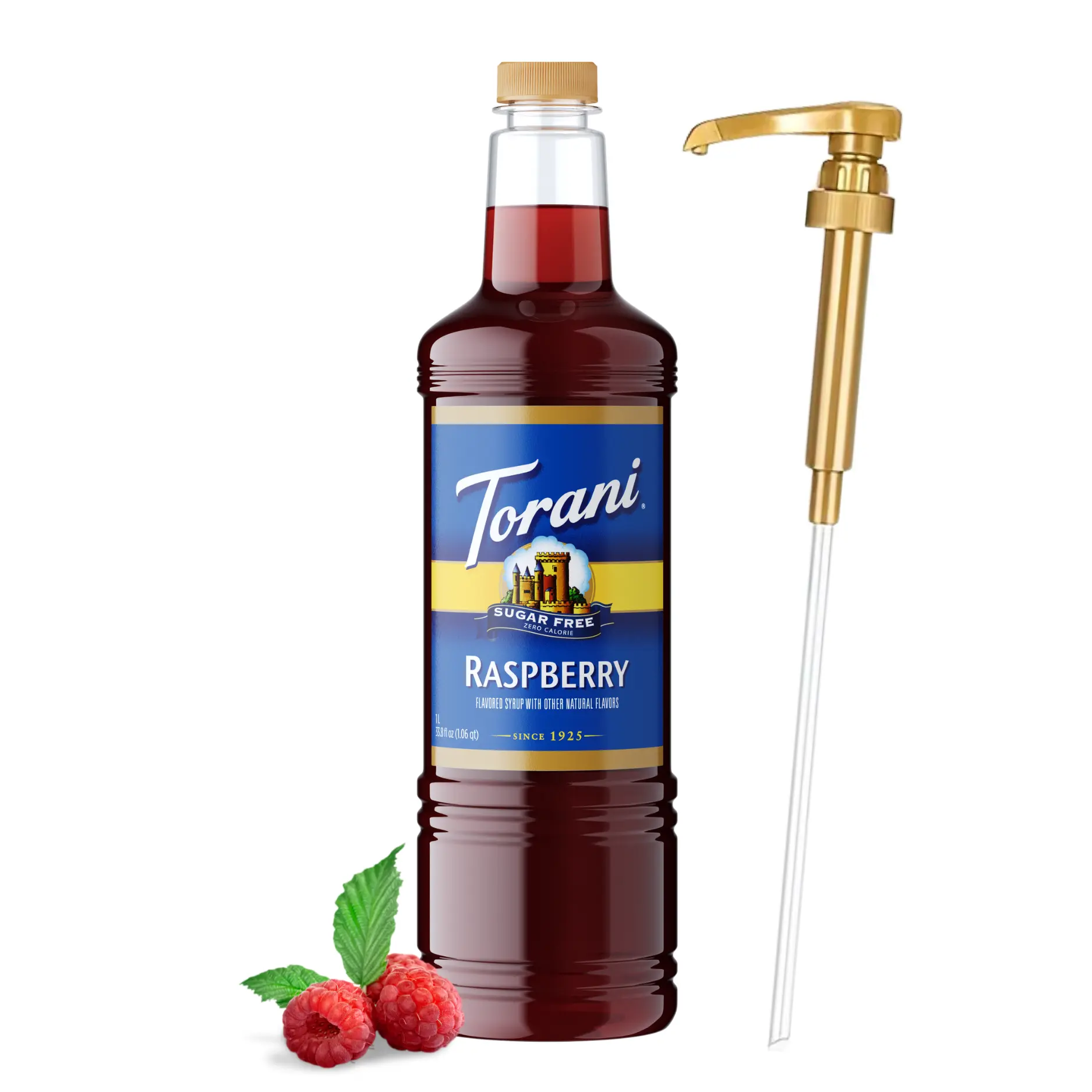 Torani Sugar Free Raspberry Syrup - 1L Bottle with Pump Dispenser, Natural Beverage, 0 Sugar, 0 Calories, Keto Friendly, Gluten-Free, Sweet & Tart Flavor for Coffee, Lemonade