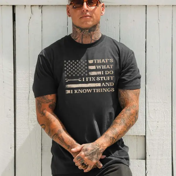 Men's Cotton Short-Sleeve Round Neck Tee - True Size Casual Fit Menswear Streetwear, Unisex Classic Fabric, Funny Mechanic Stars and Stripes Red White Blue Blue Collar Worker Top, Heavy Weight, Do Not Dry Clean