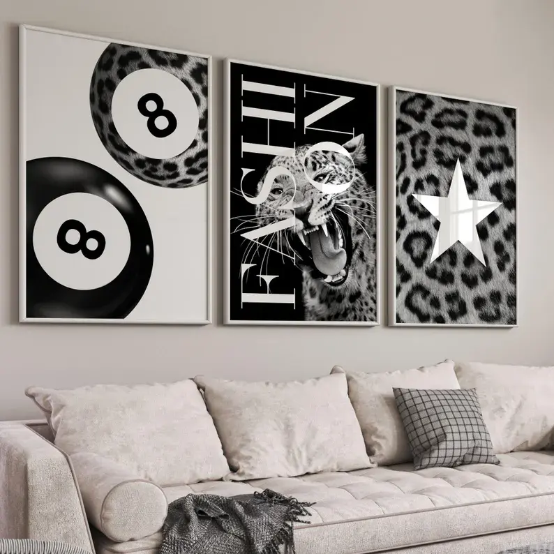 Trendy Black and White Fashion Prints Set Leopard Roar Print 8 Ball Leopard Star Poster