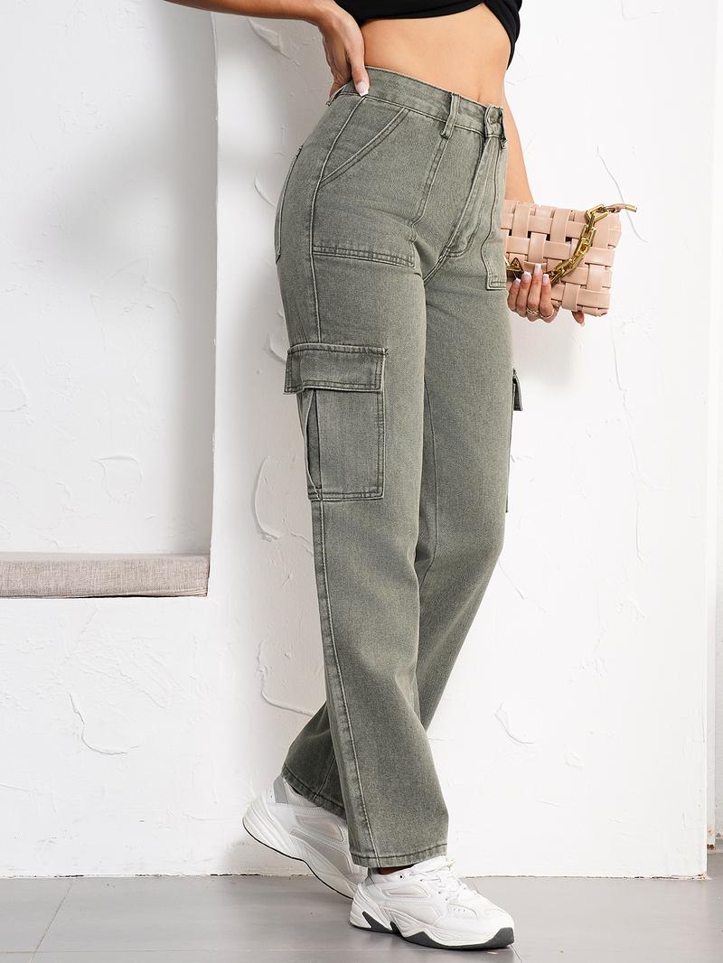 Women's High Waist Cargo Jeans Flap Pocket Wide Leg Denim Pants