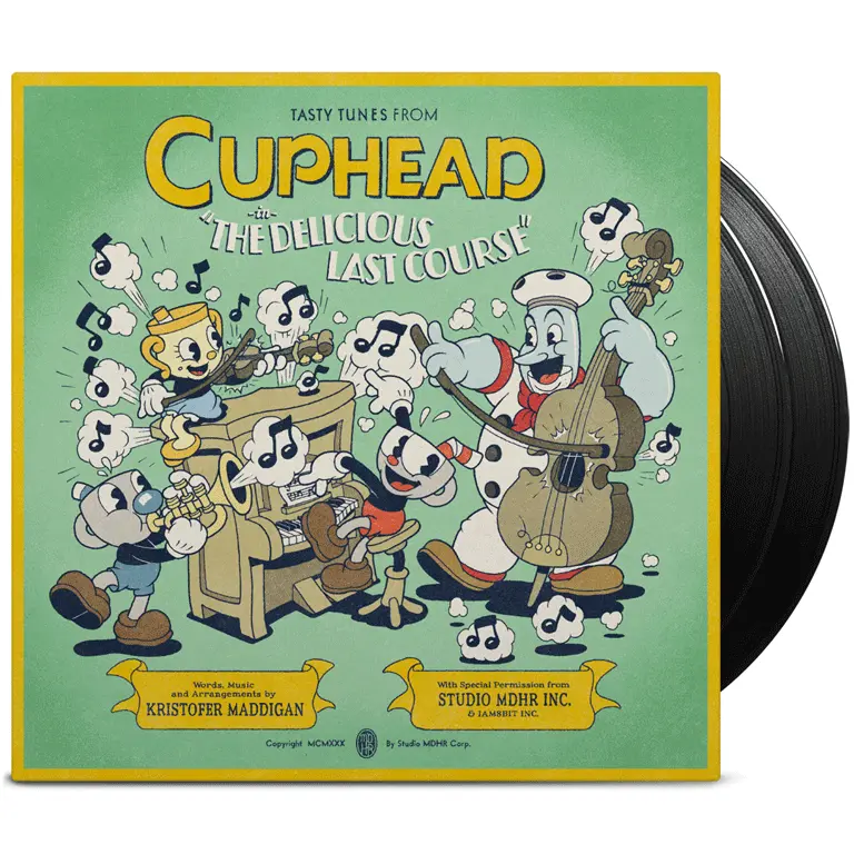 iam8bit Cuphead: The Delicious Last Course 2xLP Vinyl Record Album - Collectible Music with Decadent Package, Tasty Jazz Cartoon Tunes, Harmonized Vocals, Illustrated Design