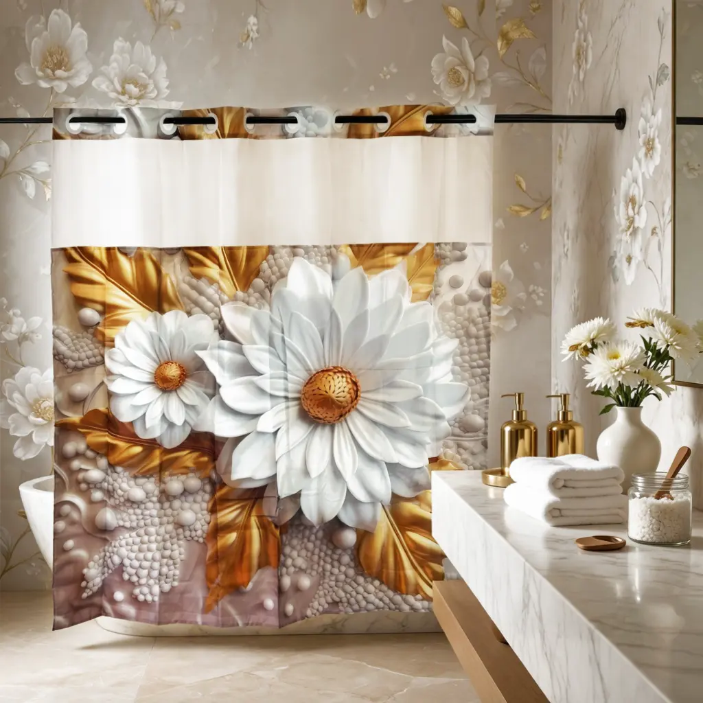 Luxurious 3D floral shower curtain series — double-layer shower curtains featuring a hookless snap-closure inner lining; waterproof inner layer and washable white outer layer; modern bathroom accessories suitable for home/hotel/salon/dormitory and elegant
