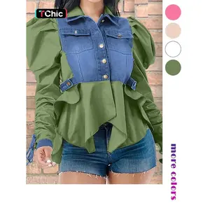 Women's Colorblock Ruched Knot Design Long Sleeve Button Front Blouse, Casual Leg-of-Mutton Sleeve Pocket Top for Spring & Fall, Women's Clothing