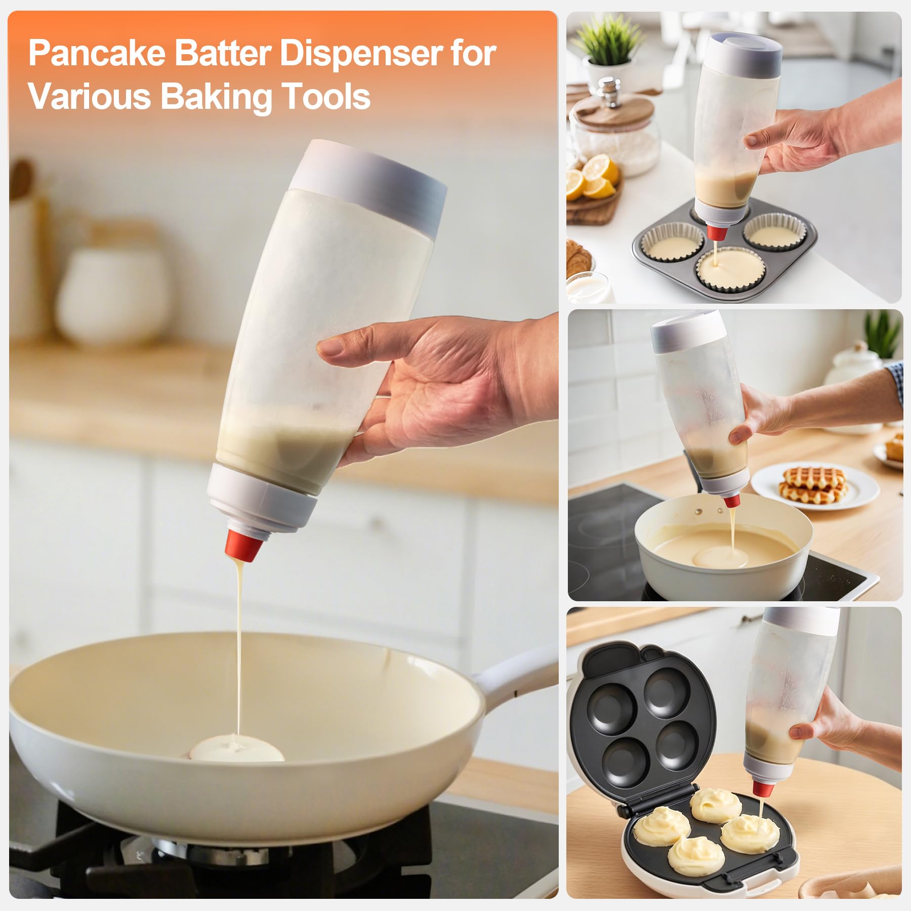 Handheld Batter Dispenser, Batter Mixing Bottle with Scale, Pancake Batter Dispenser, Kitchen Gadgets for Home Use, Utensils,Pancake Batter Dispenser with Blender Balls, Kitchen Batter Squeezer Bottle Suitable for Cupcakes, Pancakes, Muffins Smooth