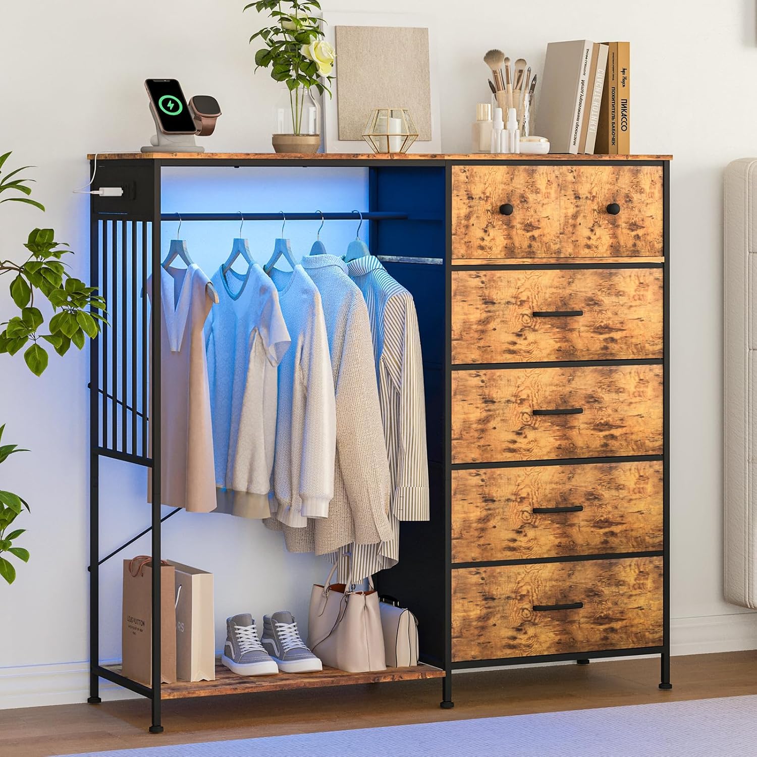 49.2" w Dresser with Hanging Rack & LED Lights, 6-Drawer Closet Organizer with Charging Station, Tall Storage Tower for Bedroom, Reversible Wood Top Chest, Sturdy Frame 49.2" w Dresser with Hanging Rack & LED Lights, 6-Drawer Closet Organizer with Charging Station, Tall Storage Tower for Bedroom, Reversible Wood Top Chest, Sturdy Frame