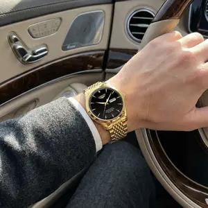 Men's Gold Stainless Steel Watch - Classic Black Dial Analog Quartz Watch, Waterproof Luminous Calendar Wristwatch for Business & Casual Wear