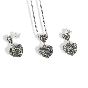925 Sterling Silver Marcasite Heart Jewelry Set Necklace Earrings 16” 18” Box Chain