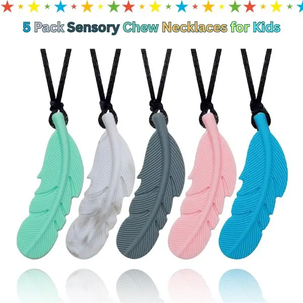 5 Pack Soft Silicone Feather Chew Necklace Teethers for Kids – Teether Set for Boys & Girls, Autism & ADHD Support, Oral Motor Therapy for Mild Chewers, Soft Silicone Teethers