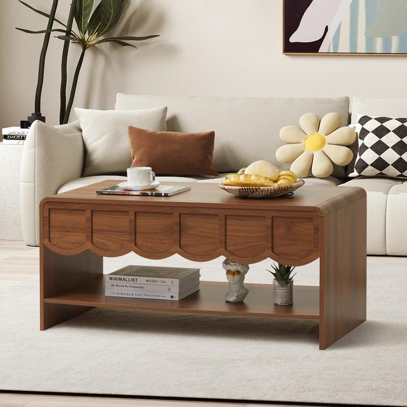 Giratree 39.37" Lift Top Coffee Table with Hidden Compartment, 2 Tier Wooden Center Table with Wave Panel, Modern Lift Tabletop for Home Living Room Office, Walnut