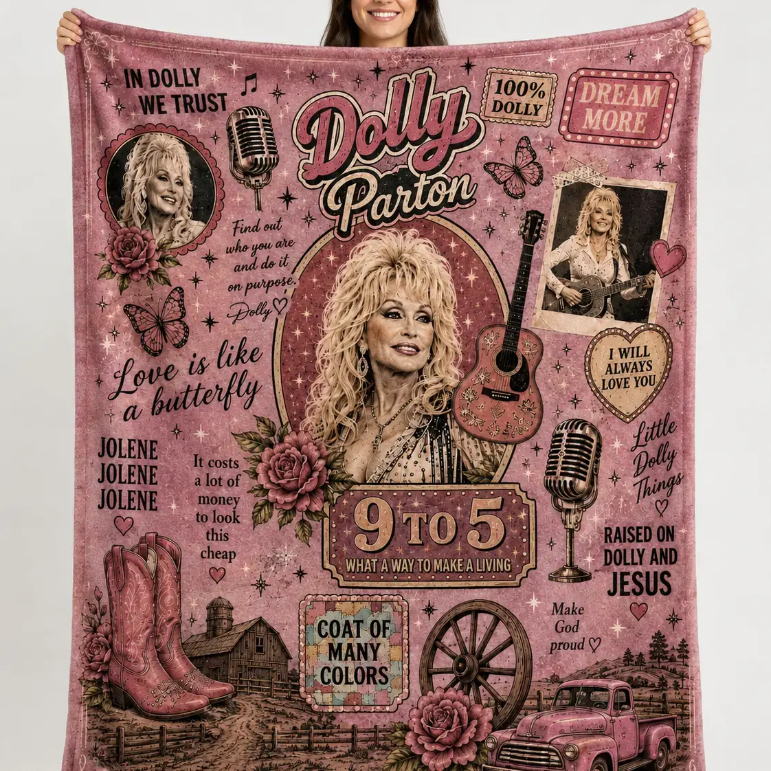 Dolly Parton Polyester Plush Throw Blanket, 'Raised on Dolly and Jesus' Quote Print, Retro Country Music Star Collage Art, Pink Western Cowgirl Shape-Retains Camping Sleeping Gear Gift for Her