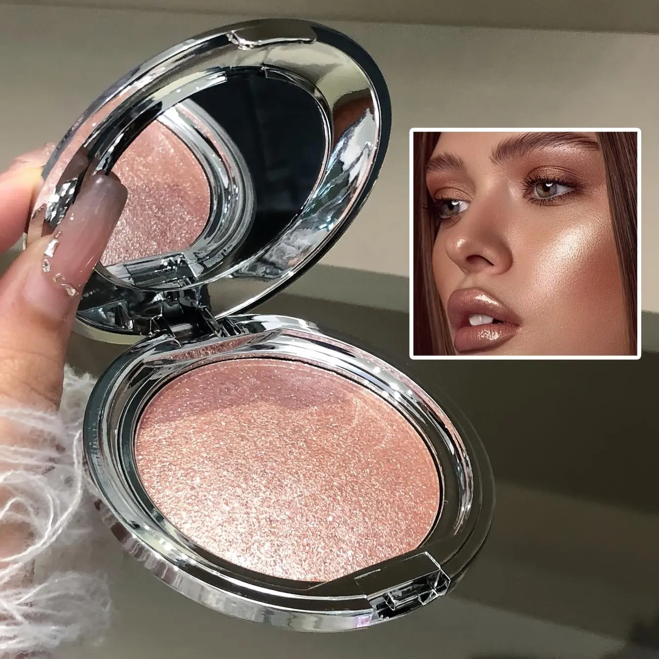 3-in-1 Diamond Putty Pressed Shimmer Highlighter Palette, Shiny Powder, Long-Lasting, Smudge-Proof for Face & Eyes, Rose Gold Compact, Buildable 3D Glow, Multi-Dimensional Radiant Shimmer, Perfect for Daily Wear & Holiday Gifts