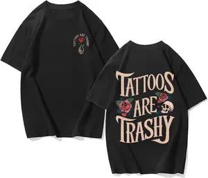 [Vintage Cotton T-Shirt] High Quality Cotton Vintage Wash Style Men's Double-Sided Printed T-Shirt, Tattoos Are Lowbrow, Summer Wear, Drop Shoulder Sleeves Round Neck Short-Sleeved Top