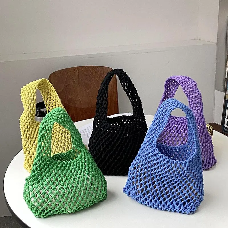 Handmade Cotton Rope Woven Wrist Bag for Women, Hollow Mini Handheld Cosmetic Bag, Dopamine Color Beach & Vacation Phone Bag with Inner Pocket Handbag Multifunctional