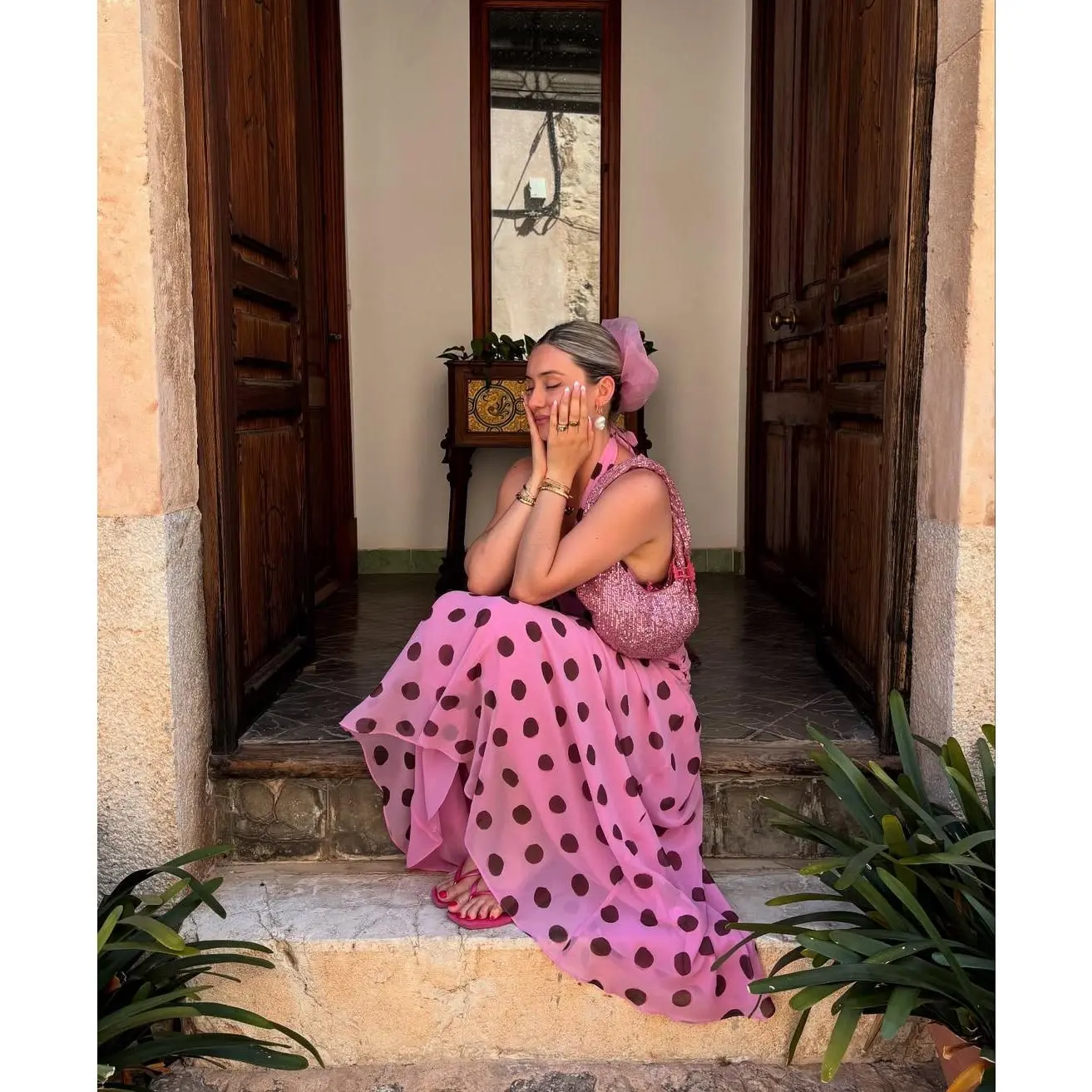 Women's Elegant Polka Dot Maxi Dress Back Smocked Spaghetti Strap Ruffle Swing Long Dress Rehearsal Dinner Dress