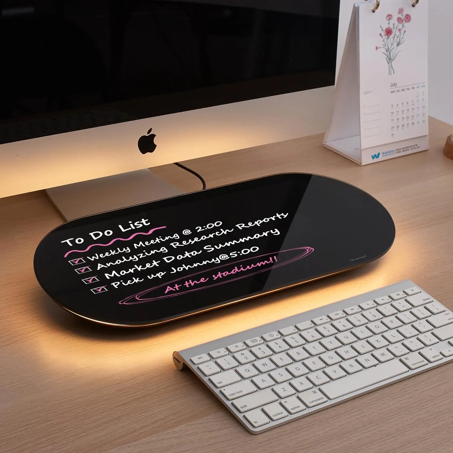 Oval Glass Desktop Whiteboard - 17x7 Inches Small Dry Erase Board with Warm Light, USB Plug, Smooth Black Glass Surface, 1 Drawer Desk Organizer, Comfortable Writing Angle, Easy to Clean for Dorm Room, Home/School Use