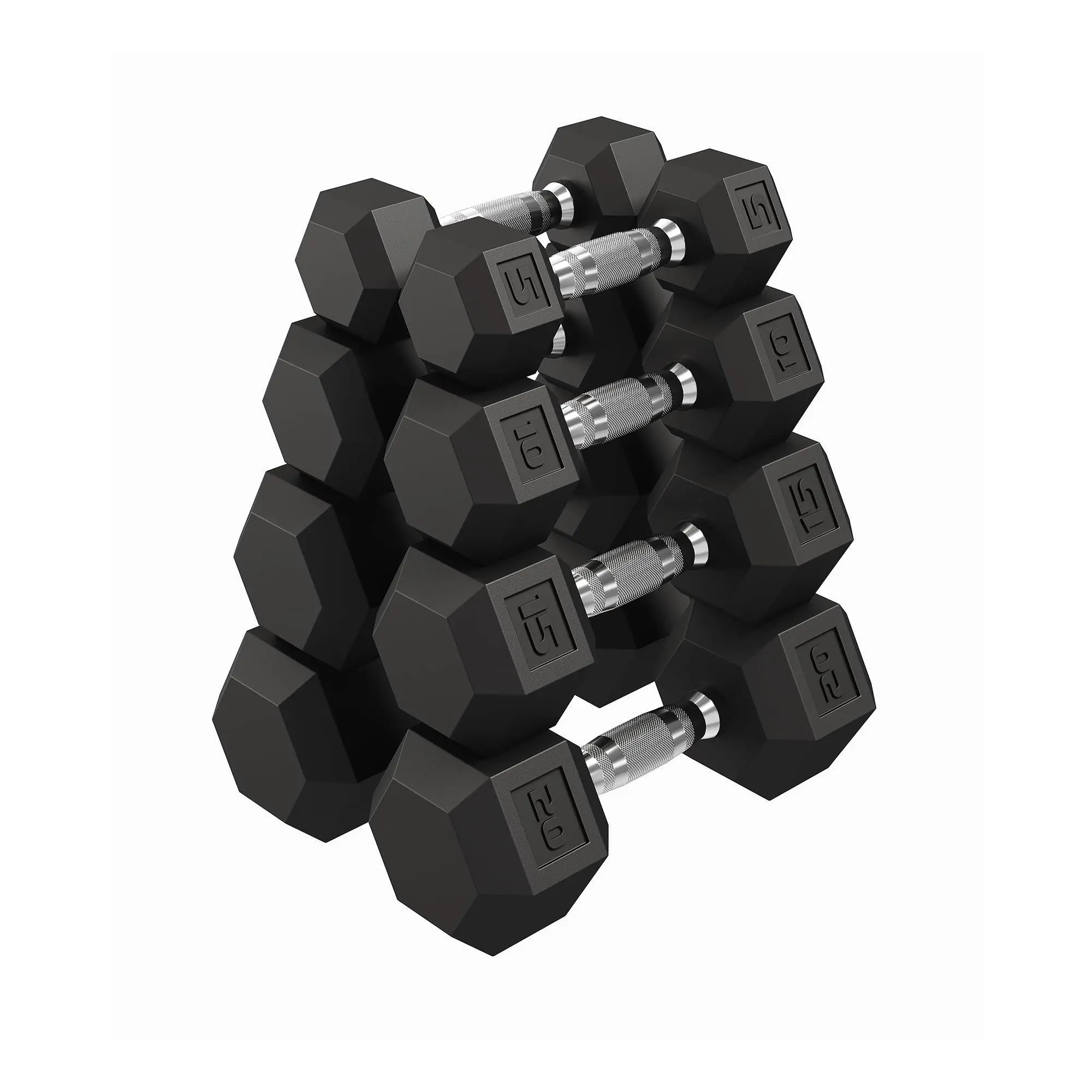 Rubber Encased Cast Iron Hex Dumbbell Pair Set (100LB Total), Unisex At-Home Gym Equipment with Textured Steel Handles Secure Grip, for Full Body Back & Chest Strength Training (5LB+10LB+15LB+20LB)x2