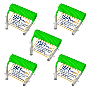 TORQUE 5 Pack of 7 Way Coiled Trailer Cord 15 FT Green ABS Electrical Power Coil Heavy Duty Cable Power Wire Cable for Semi Trucks Trailer Tractors (5 x TR831160)