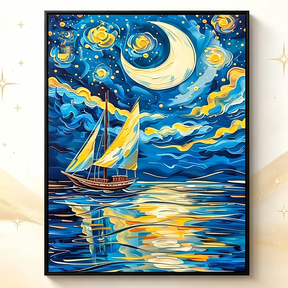 5D Full Drill Starry Night Sailboat Diamond Painting Kit - Diamond Art Rhinestone Bedazzling Kit, DIY Needlework Art Crafts for Adults, Stress-Relief Crescent Moon Ocean Reflection Wall Decor Gift