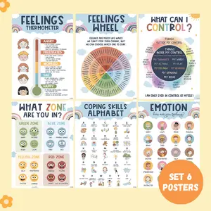 Set of 6 Boho Calming Corner Posters for Kids - Feelings Wheel & Emotions Chart for Kids - Posters for Calm Down Corner Supplies for Therapy Office Decor - Durable Laminated Material