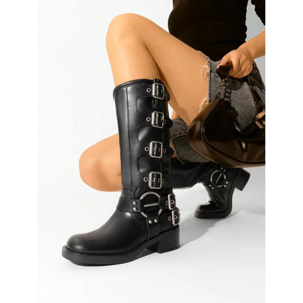 Women Slip On Knee Boots Square Chunky Heel Basic Retro Metallic Buckles Motorcycle Riding Winter Comfy Style 2026, Durable, Minimalist, WP, Multi Purpose, Padded, Summer Stylish Loaf Multi Purpose Daily Shoes