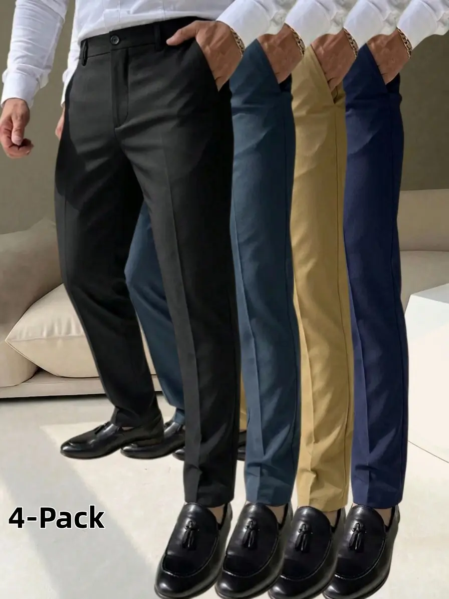 Men's 4-Pack Slim Fit Stretch Polyester Business Dress Pants - Menswear, Wrinkle Resistant, Tapered, Plain, Flat Front Chino Trousers for Office, Daily Outfits