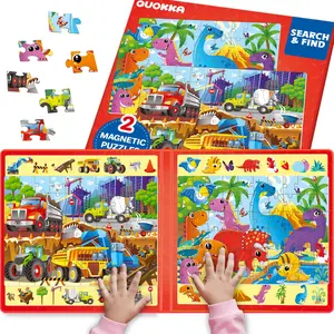 QUOKKA Magnetic Puzzle Search & Find 2 Pack, 60 Pieces for Kids - Travel Friendly Board with Hidden Objects, Construction & Dino Scenes