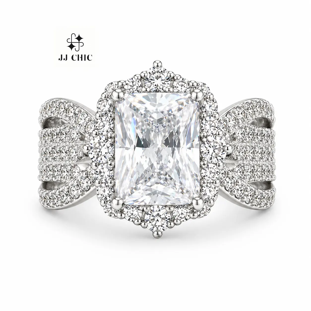 JJ CHIC 3CT Radiant Cut Halo Engagement Ring for Women, Elegant Bridal Statement Ring for Anniversary, Wedding or Gift