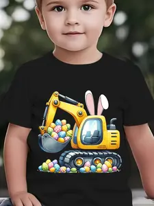 Toddler Boys Mom's Little Construction Helper Mother's Day T-Shirt, Cool Excavator Bunny Graphic Tee for Kids, Little Boys Short Sleeve Cotton Shirt, Sweet Mother's Day Gift for Sons