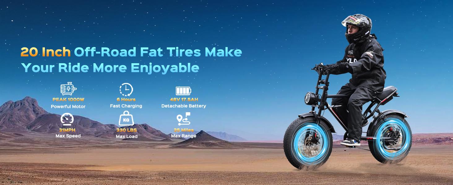 S8 Electric Bike, Full Suspension System, 31mph Top Speed, 48V 17.5AH Detachable battery (can be purchased separately), Equipped with High Carbon Steel Frame, Pedal Assist Range of 30-50 Miles, 20-Inch All-Terrain Tires, Off-Road、City Motorcycle