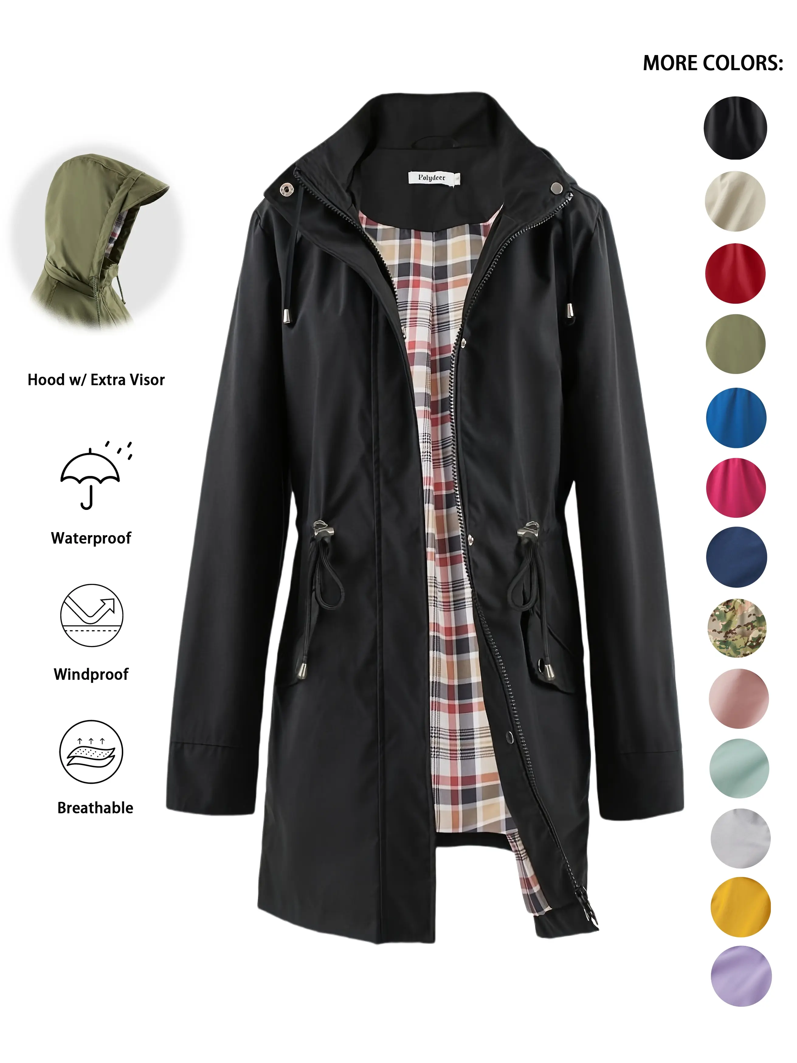 POLYDEER Women's Waterproof Rain Jacket, Lightweight Fitted Long-Sleeve Hooded Trench Coat with Check Linings for Outdoor Hiking, Lady, Rain Coat, Outdoors, Zip-Up