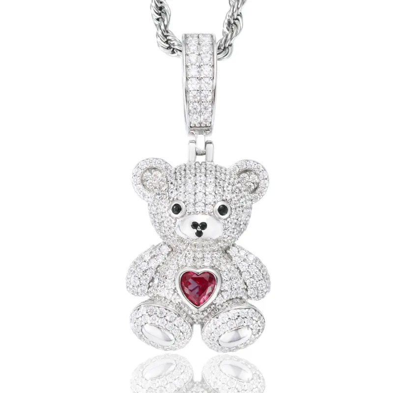 UCCIYO Love Bear Drop Pendant Necklace, S925 Sterling Silver Lab-Created Moissanite P696, Female Fashion Pendants Chain Necklaces, Engagement Hip Hop Jewelry Gift【#P696】
