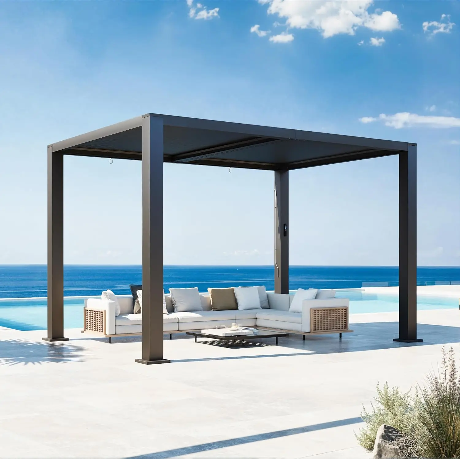 Aoxun Motorized Aluminum Frame Pergola - 9’x12’ Size Outdoor Patio Pergola with 2 Independent Adjustable Roofs, Built-in LEDs, Power Strip, 5.75" Center Beam, Corrosion-Resistant Frame, 9’ X 12’ Size