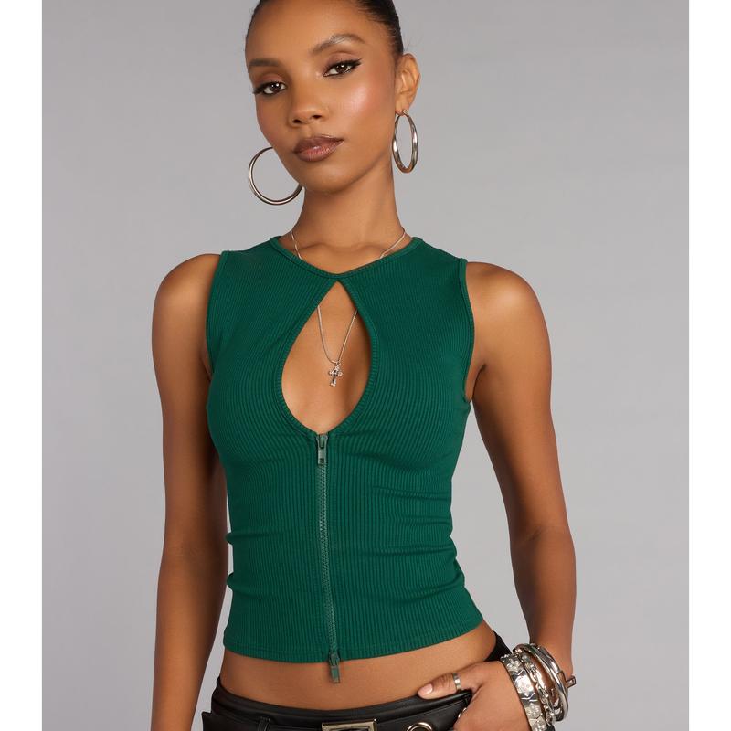 Edgy Everyday Ribbed Knit Zip-Front Top