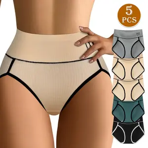 QUASTI 5-Piece High-Waisted Butt Lifting Cotton Women's Briefs, Tummy Control Underpants, Color-Blocked, Super Soft Smooth & Comfortable, Stretchable, Breathable & Skin-Friendly Panty, Full Coverage Womenswear, Elegant Woman's Choice, Sizes S-XXL