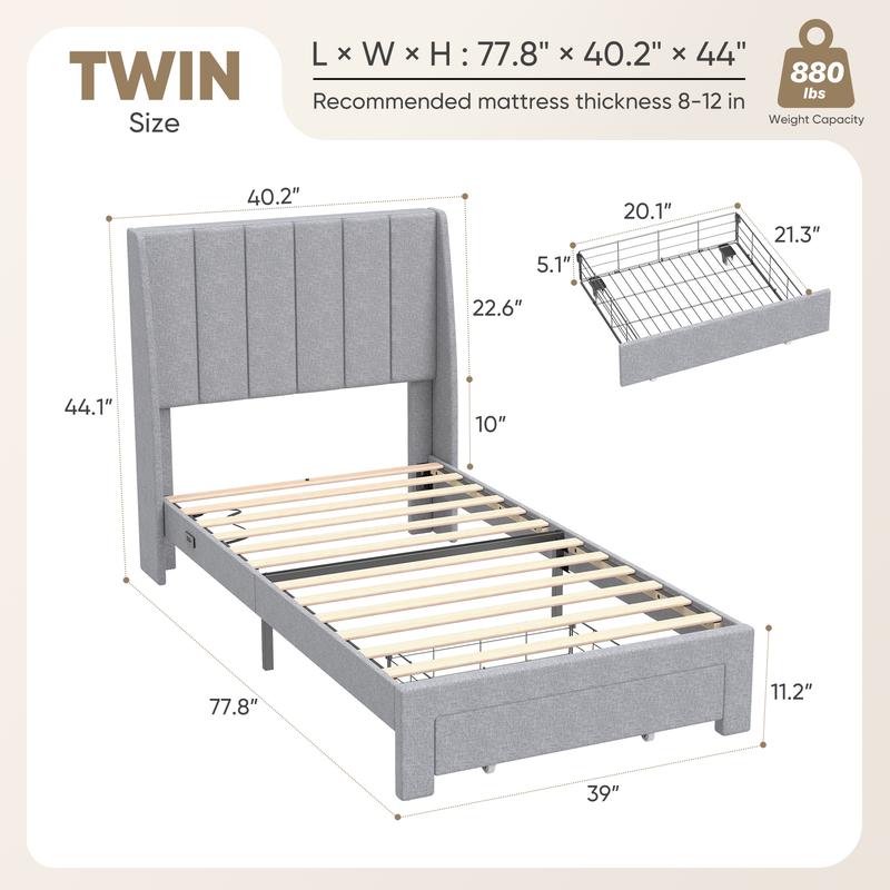 Linen Upholstered Platform Bed with 2 Drawers, Storage Bed Frame With Tufted Headboard