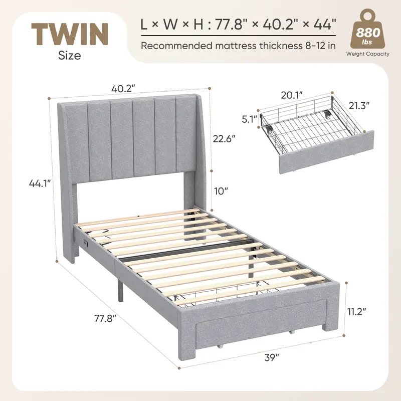 Linen Upholstered Platform Bed with 2 Drawers, Storage Bed Frame With Tufted Headboard