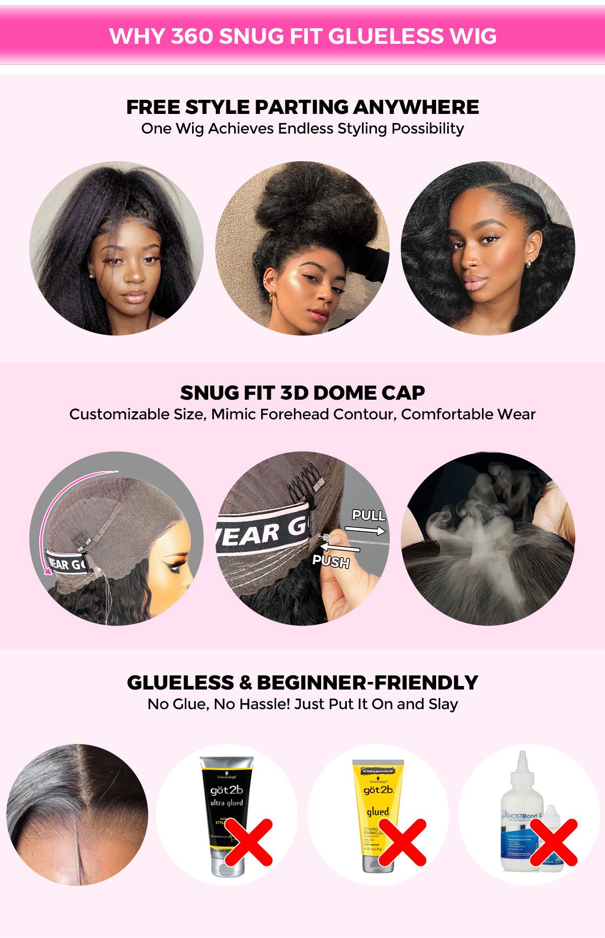 CurlyMe Water Wave / Kinky Straight Invisi Strap Snug Fit 360 Transparent Lace Frontal Human Hair Wigs Wear Go Glueless Wig Bleached Knots Pre Cut Lace Pre Plucked Realistic Hairline Beginner Friendly