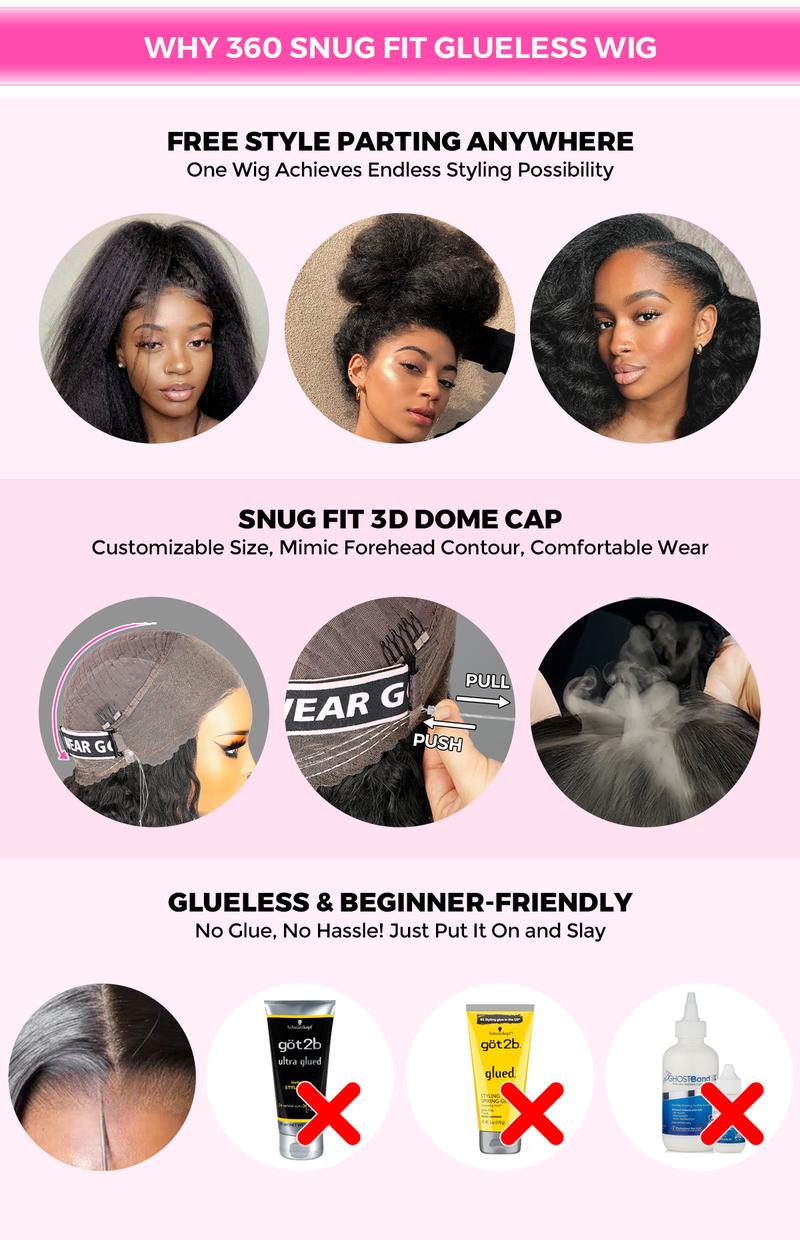 CurlyMe 360 Fit Wig Pre Bleached Wear Go Water Wave / Kinky Straight Human Hair Glueless Wig Pre-Plucked - Natural Black #TikTokShopHolidayHaul