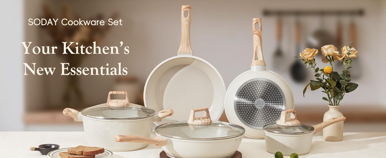 12Pcs Pots and Pans Set Non Stick Kitchen Cookware Sets Nonstick Induction Cookware Non-toxic White Granite Cooking Tools with Stay-Cool Handles, Silicone Tools (PFOS/PFOA Free)