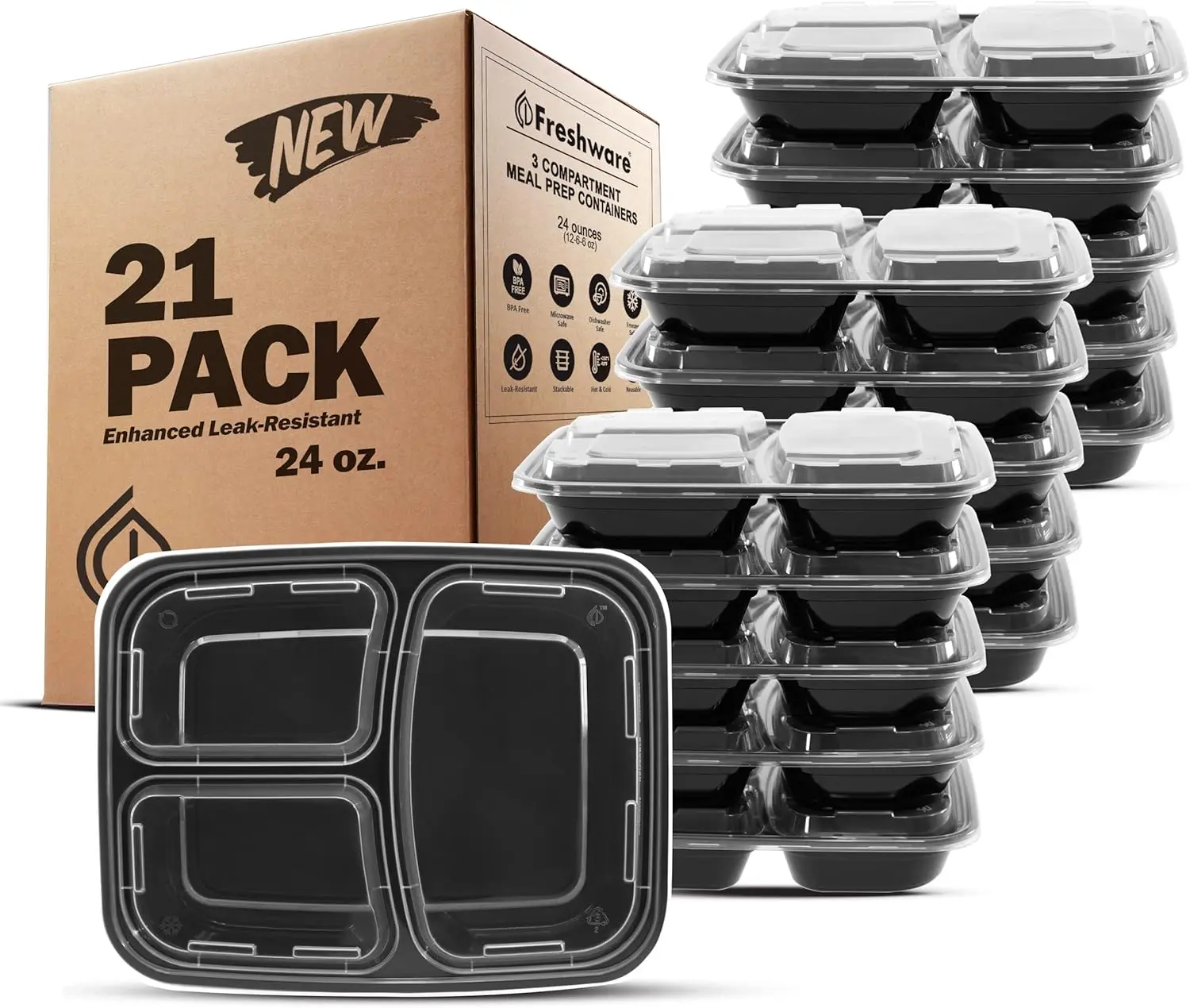 FRESHWARE 24 oz 3-Compartment Bento Meal Prep Containers (21 Pcs) - Lightweight, Airtight, Leakproof, Resealable, Portion-Controlled Lidded Food Storage Boxes for Gym Meals, Work Lunches - Microwave/Dishwasher/Freezer Safe Stackable Kitchen Supplies, Busy
